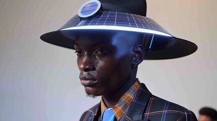 Fashionable men's look with solar panels and luminous elements integrated into the garment. Future technology for modern functional suit design. Illustration for advertising, marketing or presentation