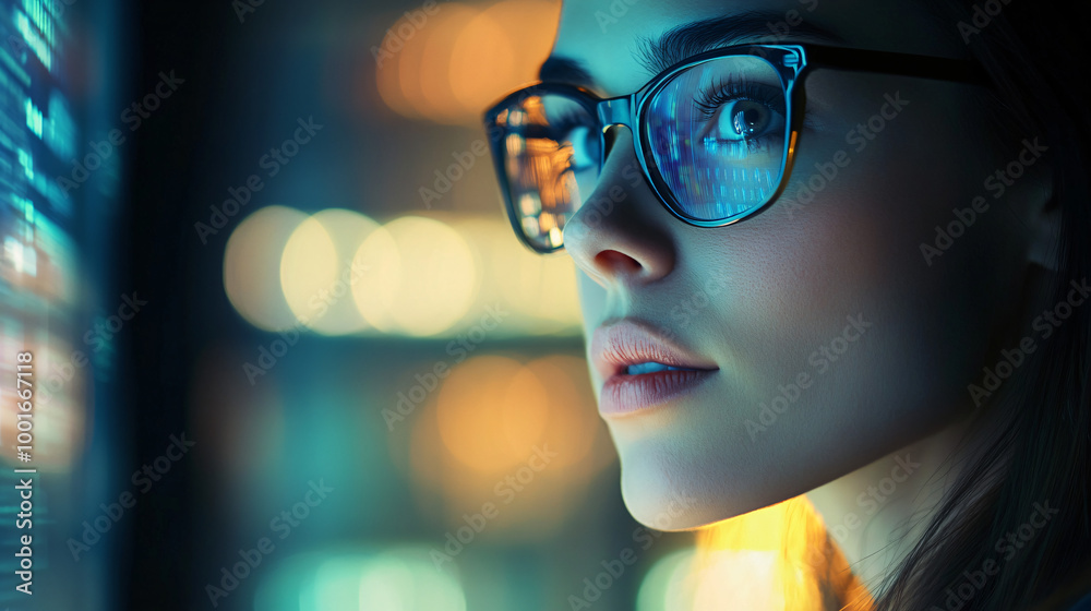 Aufkleber woman is working late analyzing data on a computer screen reflected in her glasses