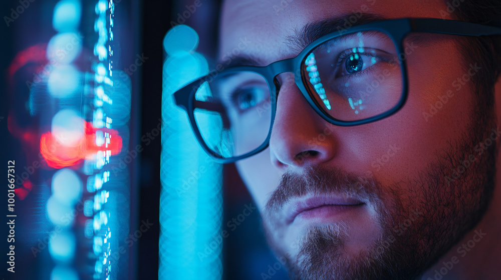 Poster late-night coding: a software developer with glasses working under the glow of his computer screen
