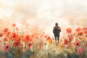 Watercolor painting of a soldier in a field of red poppies, symbolizing remembrance and sacrifice