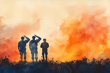 Fototapeta premium Three soldier silhouettes saluting with fire in the background, watercolor painting
