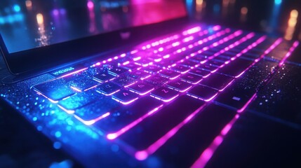 Close-up of a laptop keyboard glowing with blue and purple neon lights. The keys are illuminated, creating a futuristic and vibrant aesthetic.