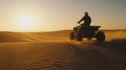 A lone ATV rider speeds across a desert landscape at sunset, kicking up a small cloud of dust. The sun's golden rays illuminate the dunes in the background.