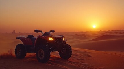 Fototapeta premium A red ATV sits in the desert at sunset, with the sun shining brightly in the distance.