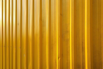 Obraz premium Bright yellow corrugated metal texture with vertical lines. Industrial material background with golden metallic finish. Design for wall decor, marketing material, banner, and website header.