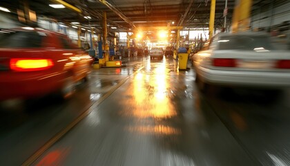 Fototapeta premium Abstract blur of auto repair station highlighting motion and speed in automotive service