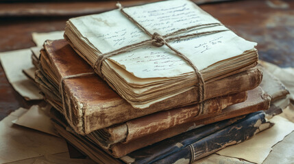Obraz premium Depict a stack of worn, leather-bound books or old letters tied with string. The image can include handwritten notes or postcards, symbolizing the charm of vintage correspondence and literature.