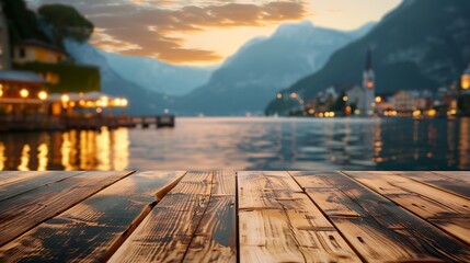 Empty wood table and bokeh of Lake Como