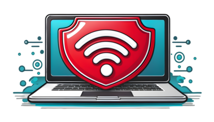 wifi red icon on laptop that's protected on a white background in the style of vray tracing,-