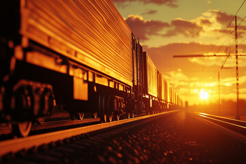 Fototapeta premium Silhouette of Train at Sunset. A silhouette of a cargo train against a glowing sunset. Ideal for travel, transportation themes, or industrial design projects.