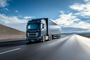 Highway View of Black Truck. A black truck driving on a highway under a blue sky with clouds. Ideal for logistics, transportation, and travel-related designs.