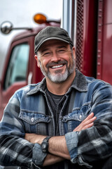 Outdoor Portrait of a Truck Driver. A cheerful middle-aged male truck driver poses outdoors next to his truck, ideal for transportation themes or community event promotions.