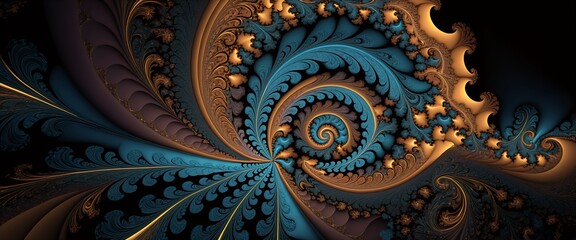abstract swirling fractal with golden accents and vibrant blue hues