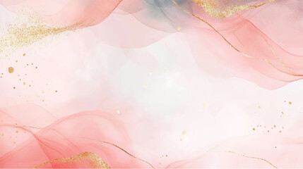 Abstract beautiful pink watercolor wash background with golden streaks