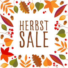 Herbst Sale - Schriftzug in deutscher Sprache. Quadratisches Plakat mit einem Rahmen aus buntem Herbstlaub.