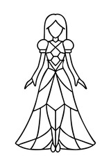 Fototapeta premium coloring Geometric royal figure with commanding presence Power Elegance Authority in structured gown with puffed sleeves and corseted bodice on white background