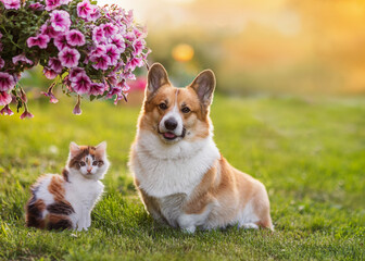 couple of furry friends kitten and corgi dog sitting in sunny blooming garden in spring © nataba
