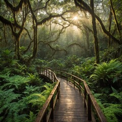 Fototapeta premium Wooden walkway leading through lush, green forest with tall trees covered in moss and ferns surrounding path. Sunlight filters through canopy, creating warm, ethereal atmosphere