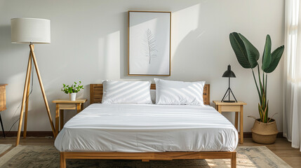 Sunny bedroom with bed, nightstands, and decorative plants