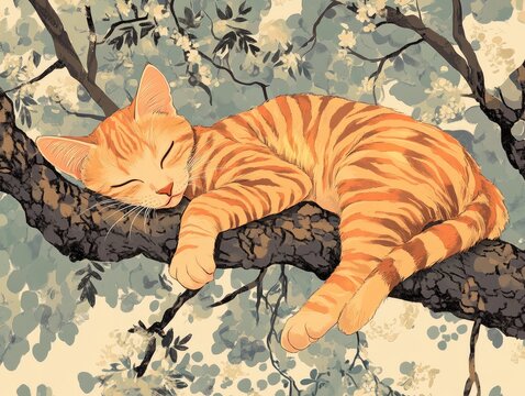 a cat sleeping on a tree branch with a zebra print, in the style of mecha anime, 32k uhd, hannah yata, playful poses, light orange --ar 4:3 --v 6.1 Job ID: f96ea1bf-b0c2-409f-992a-e1587638123e