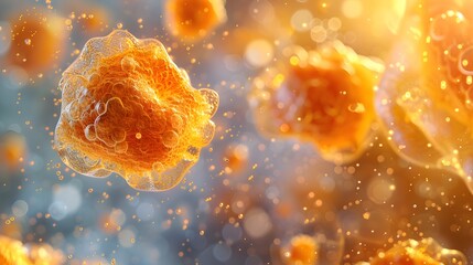 Golden floating cells in a dynamic abstract background. Scientific imagery for medical, biological, and research themes. Glowing microscopic view with copy space for marketing and presentations