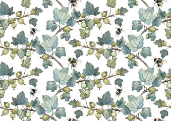 Gooseberry and bumblebee watercolor seamless pattern on white background. Hand drawn ornament with berries, leaves and bee. For textile and tableware design