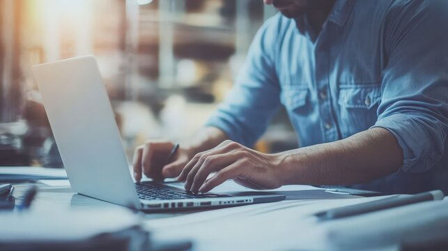 Diligent Asian Contractor and Supervisor Reviewing Blueprints on Laptop for Warehouse Construction Project in Cinematic Lighting