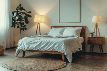 Cozy bedroom includes bed with soft linens and stylish nightstands