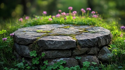 Stone Platform Surrounded by Lush Greenery