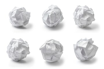Crumpled white paper balls in various forms isolated on a bright white background showcasing texture and shape dynamics
