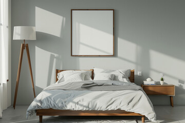 Modern bedroom with wooden bed and bright sunlight
