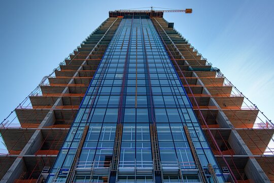 Skyscraper construction on a clear day showcasing foundation depth and structural progress in an urban environment