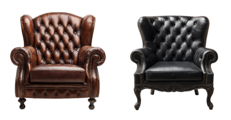 Back and brown Vintage leather armchair isolated on transparent and white background, cut out png