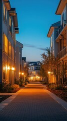 Obraz premium Nighttime View of Illuminated Townhome Villas