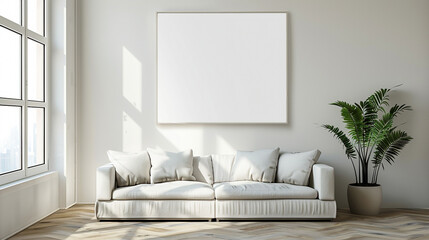 Bright living area features white sofa and blank canvas awaiting art