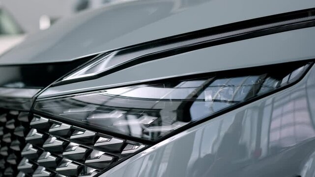 Close-up of advanced car headlight technology in a modern car interior. The sleek design illuminates the road, showcasing innovation and enhancing nighttime visibility.