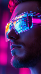 Close-up of a young man wearing futuristic glasses experiencing virtual reality illuminated by pink and blue light