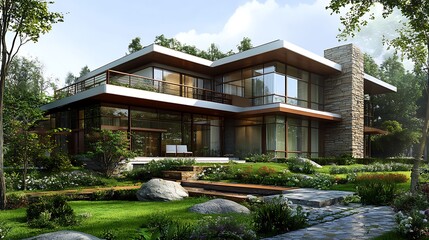 Modern House with Stone and Glass Facade in a Lush Green Garden