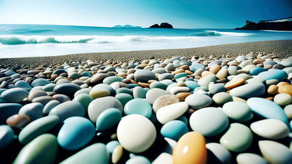Obraz premium Vibrant, smooth pebbles of various colors lie on a scenic beach by the ocean. The sunny landscape and calm waters create a serene atmosphere.