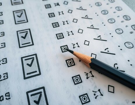 Test and examination materials featuring elements like a pencil, paper, and checkmarks representing assessment, education, and evaluation.