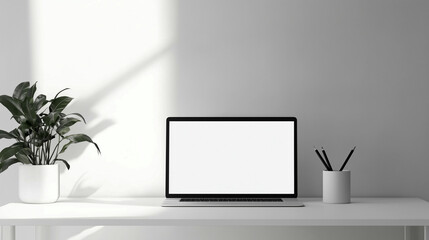 Minimalistic workspace with a clean laptop and potted plant on a bright white desk