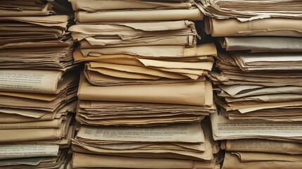 Stacked old newspapers with yellowed aging pages