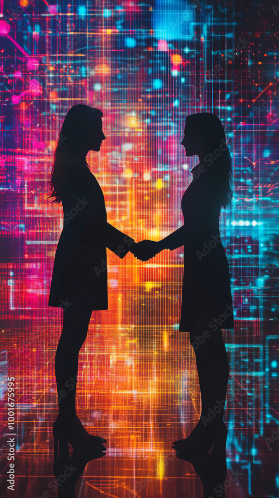 Poster Two businesswomen shaking hands in agreement with a colorful digital data stream background