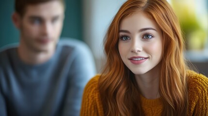 Introspective Therapy Session: Young Woman Engaging with Psychologist in Soft Pastel Toned Office