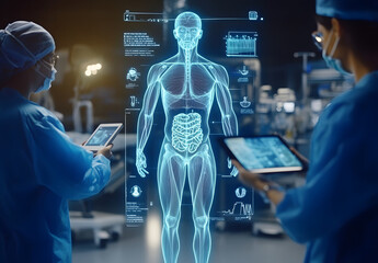 Medical Professionals Analyzing 3D Holographic Human Anatomy