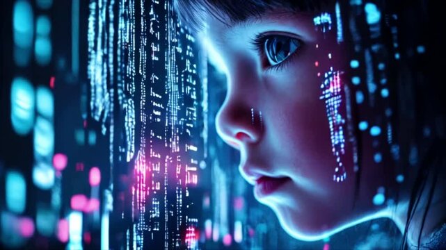 Little child with digital code data overlay, cyberspace and information technology of the future. Ai education and cybersecurity