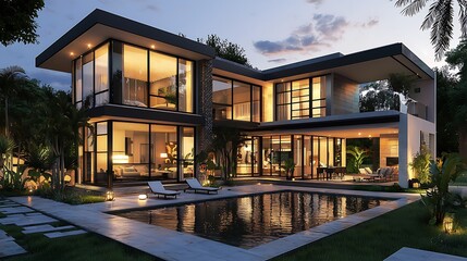 Fototapeta premium Modern luxury villa with swimming pool and garden at night