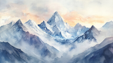Obraz premium A serene landscape of watercolor mountains. The gentle brush strokes create a dreamy atmosphere, with wispy clouds floating above the peaks in a tranquil sky.