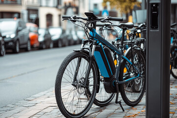 Naklejka premium Electric bicycles parked at a charging dock in a city