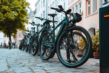 Obraz premium Electric bicycles parked at a charging dock in a city
